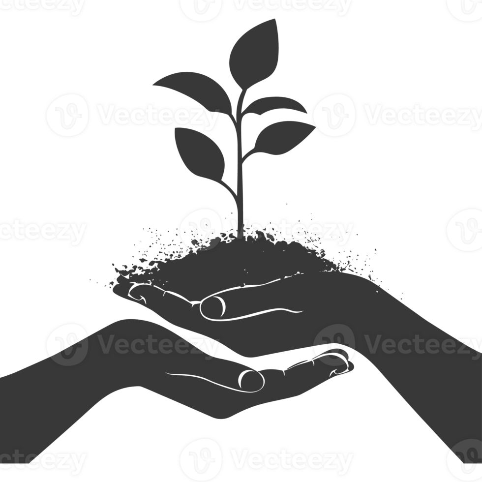 AI generated Silhouette Two Hand holding soil with growing sprout black color only png