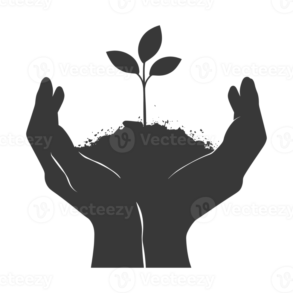 AI generated Silhouette Two Hand holding soil with growing sprout black color only png