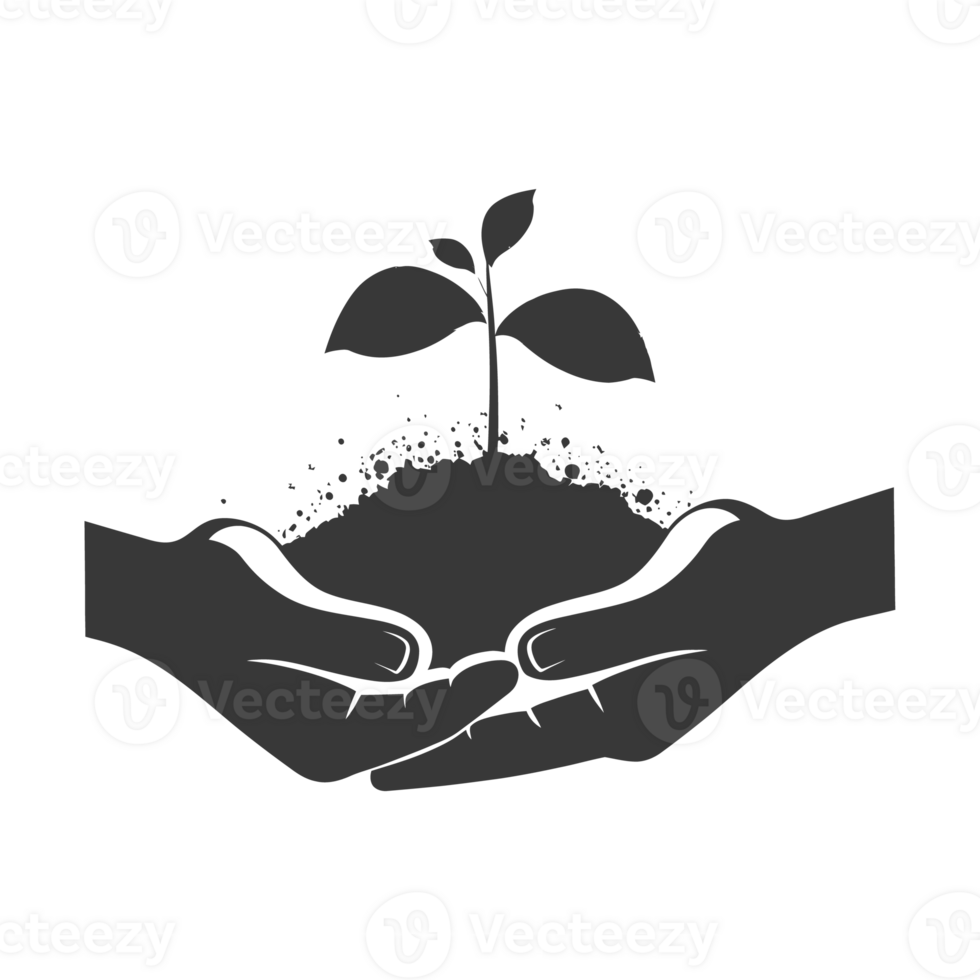 AI generated Silhouette Two Hand holding soil with growing sprout black color only png