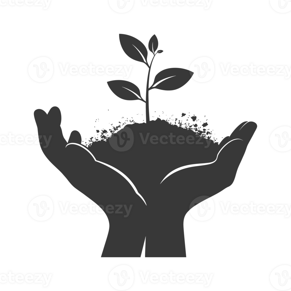 AI generated Silhouette Two Hand holding soil with growing sprout black color only png