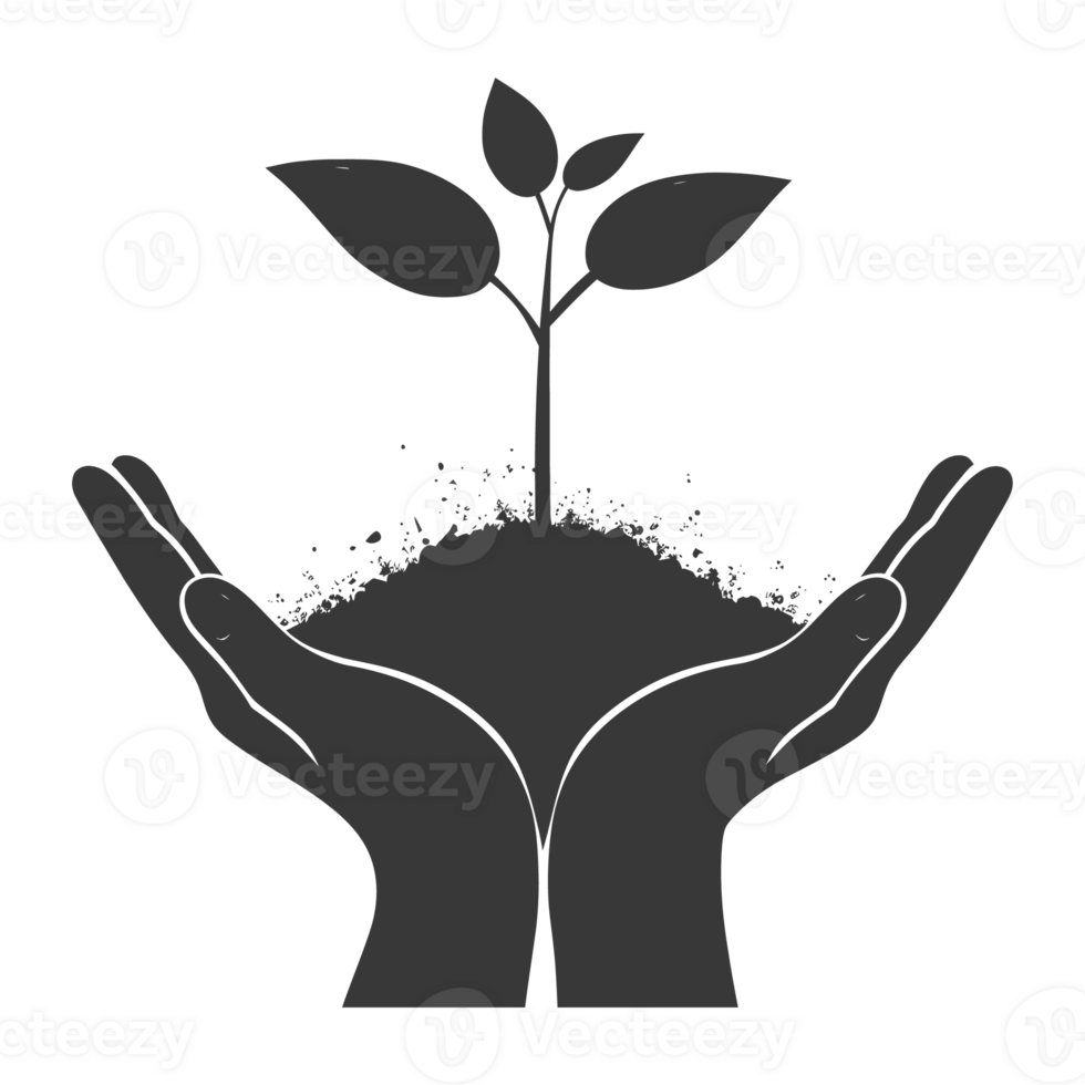 ai generato silhouette Due mano Tenere suolo con in crescita germoglio nero colore solo png