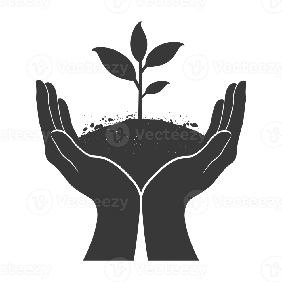 AI generated Silhouette Two Hand holding soil with growing sprout black color only png