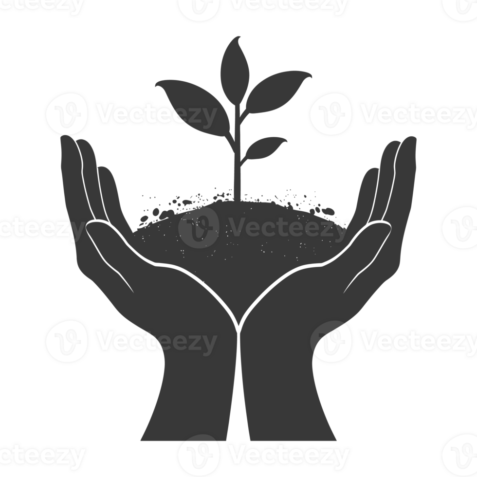 ai gerado silhueta dois mão segurando solo com crescendo brotar Preto cor só png