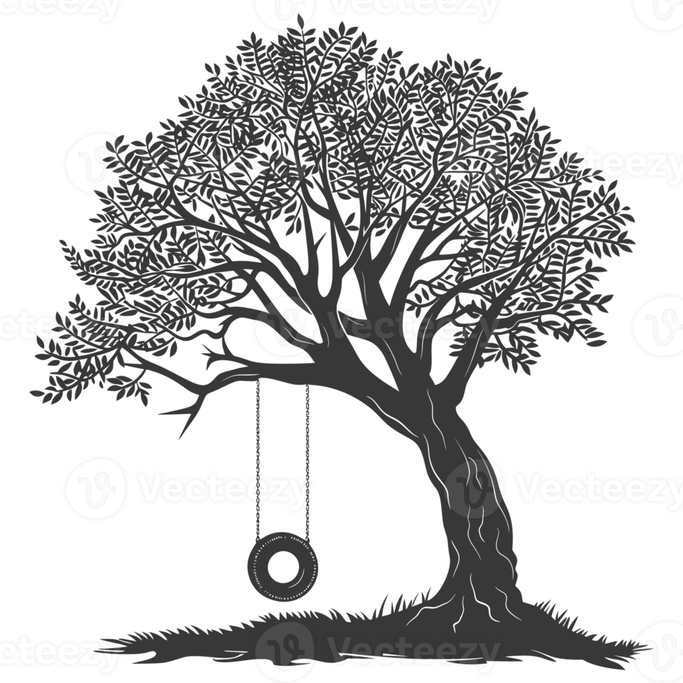 ai gegenereerd silhouet boom met een band schommel zwart kleur enkel en alleen png