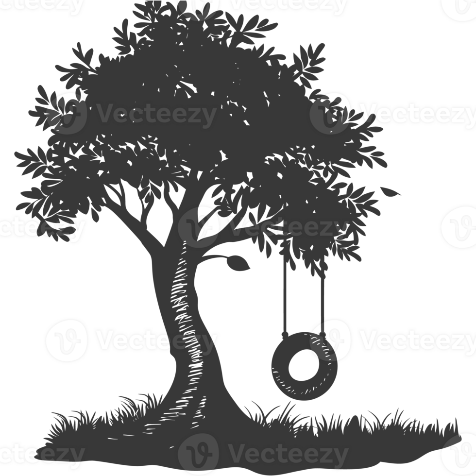 AI generated Silhouette Tree With A Tyre Swing black color only png