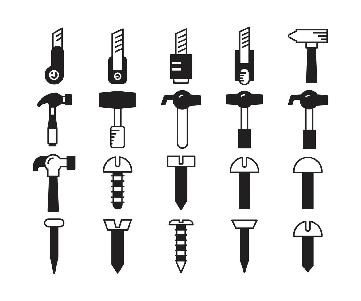 cortador, martillo, virar y uña herramienta íconos vector