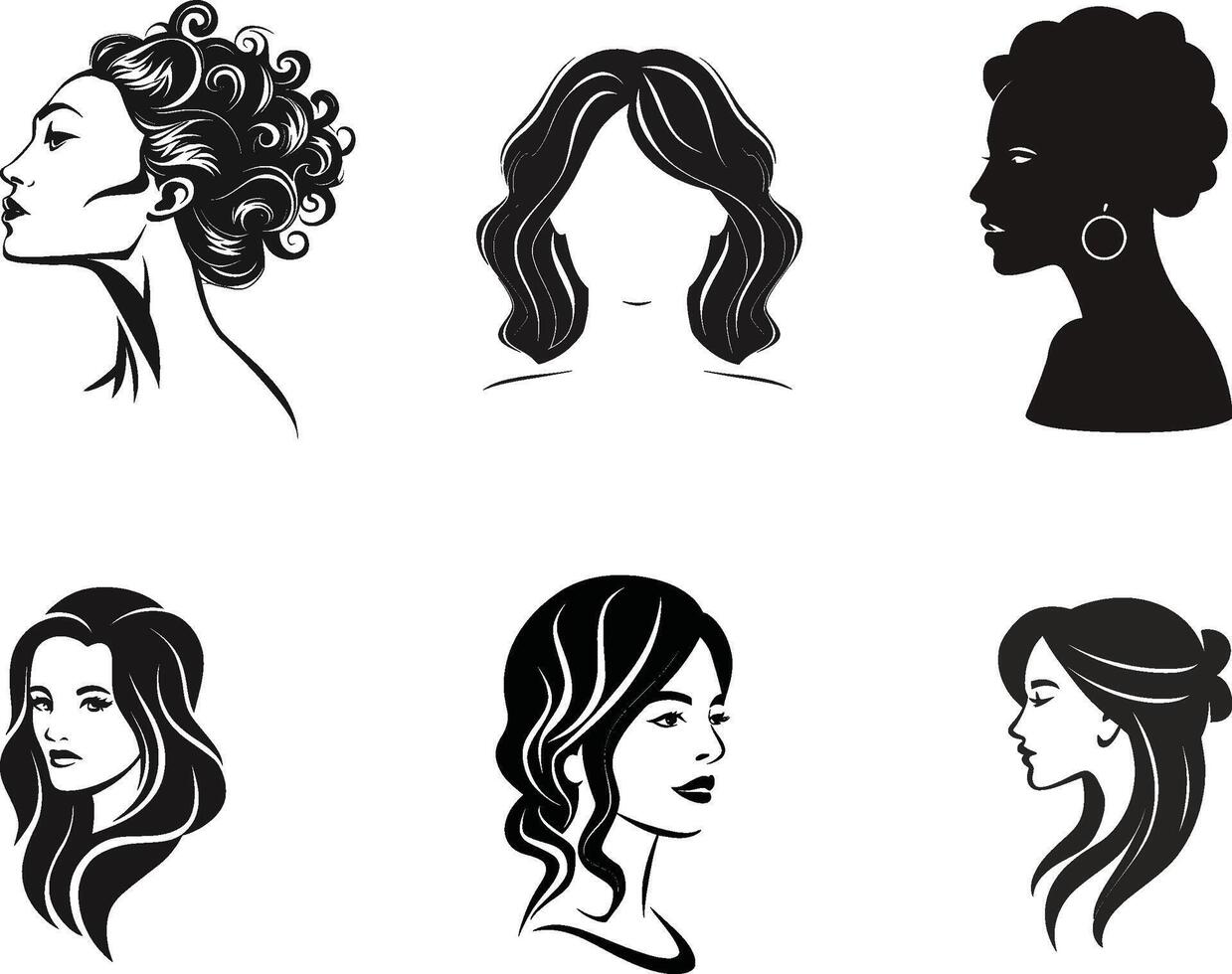 Set of Beautiful Woman With Hairstyle Silhouette, vector on isolated white background
