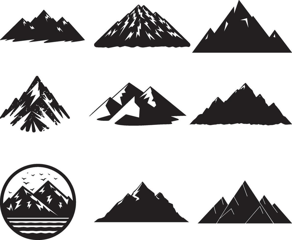 Set of black rock hill and mountain silhouette landscape, vector on isolated white background