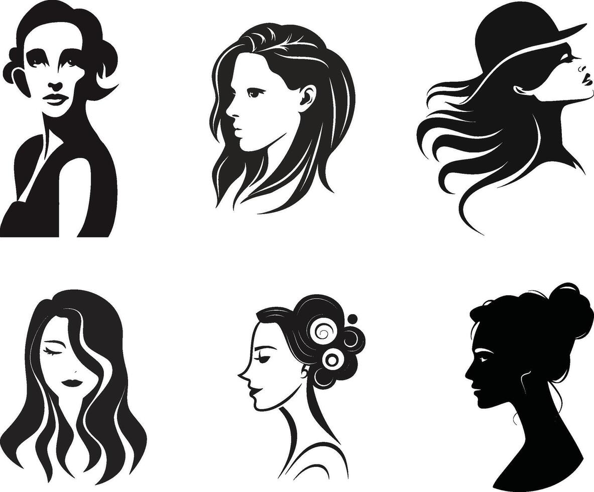 Set of Beautiful Woman With Hairstyle Silhouette, vector on isolated white background