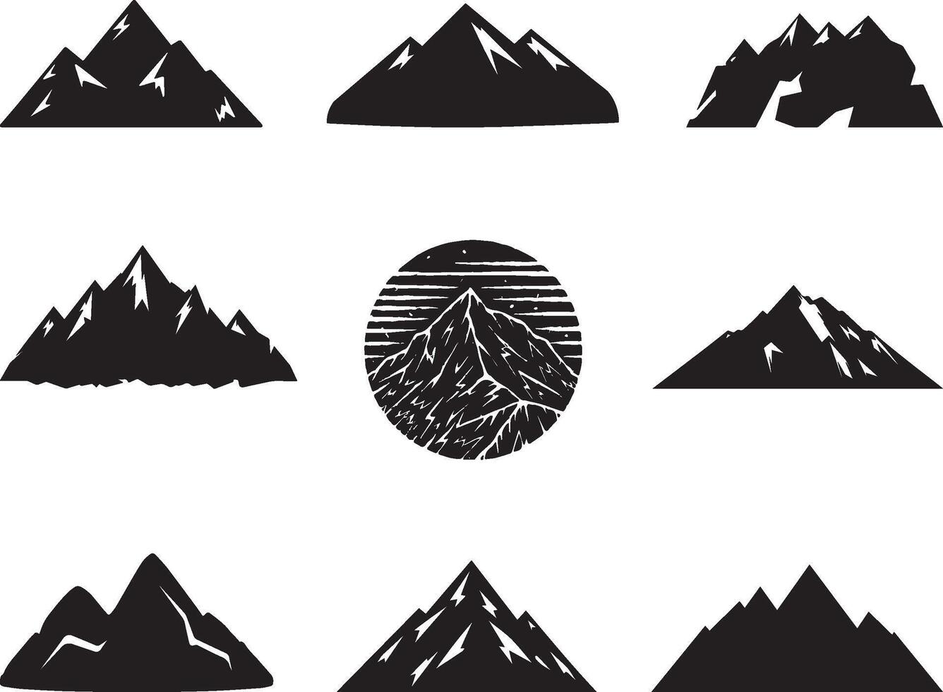 Set of black rock hill and mountain silhouette landscape, vector on isolated white background