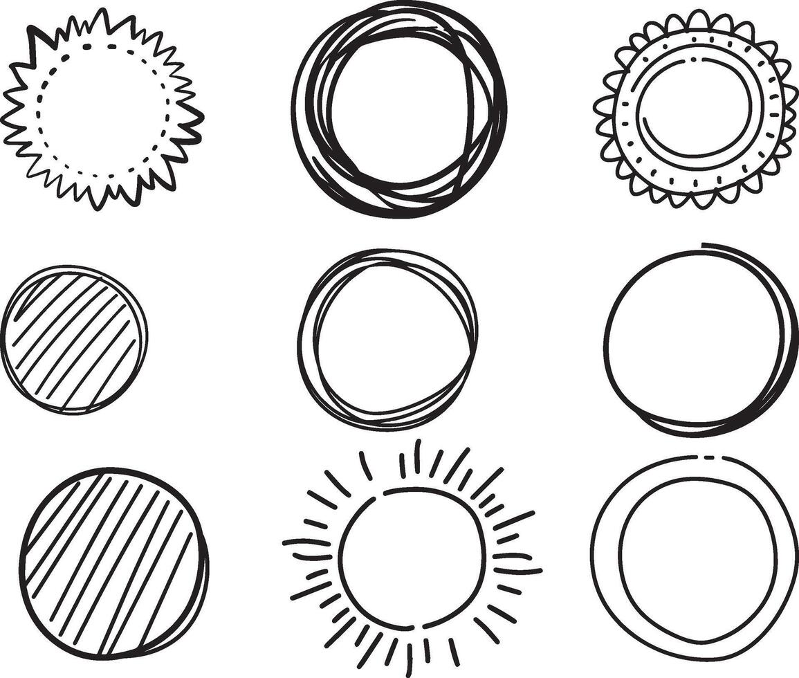 Set of Cute Hand Drawn Circle Shapes, vector on isolated white background