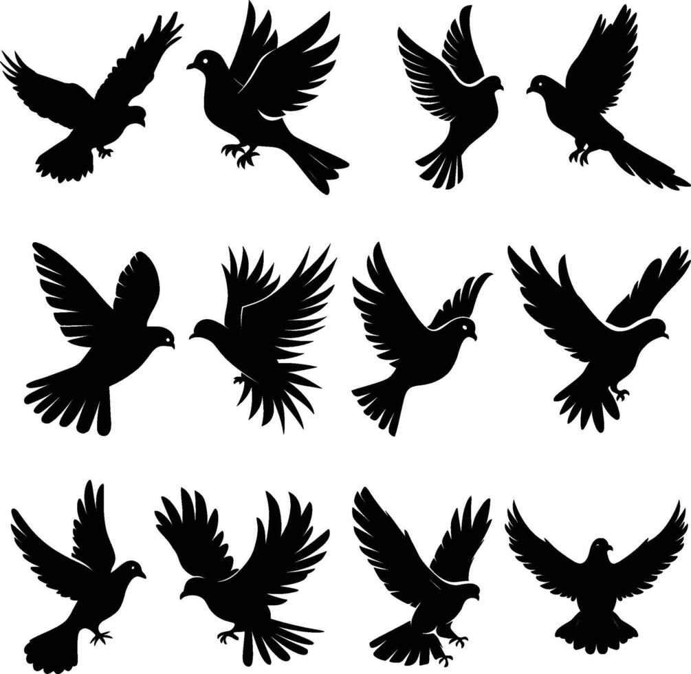 Flying dove silhouettes isolated. pigeons set love and peace symbols vector