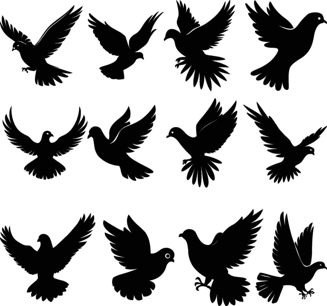 Flying dove silhouettes isolated. pigeons set love and peace symbols vector