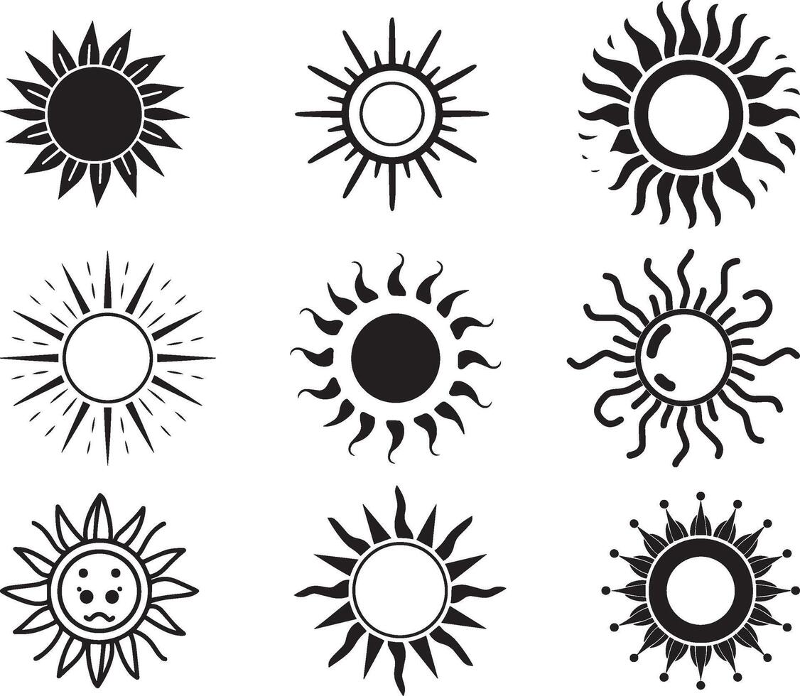 Black and white sun set of icon, vector on isolated white background