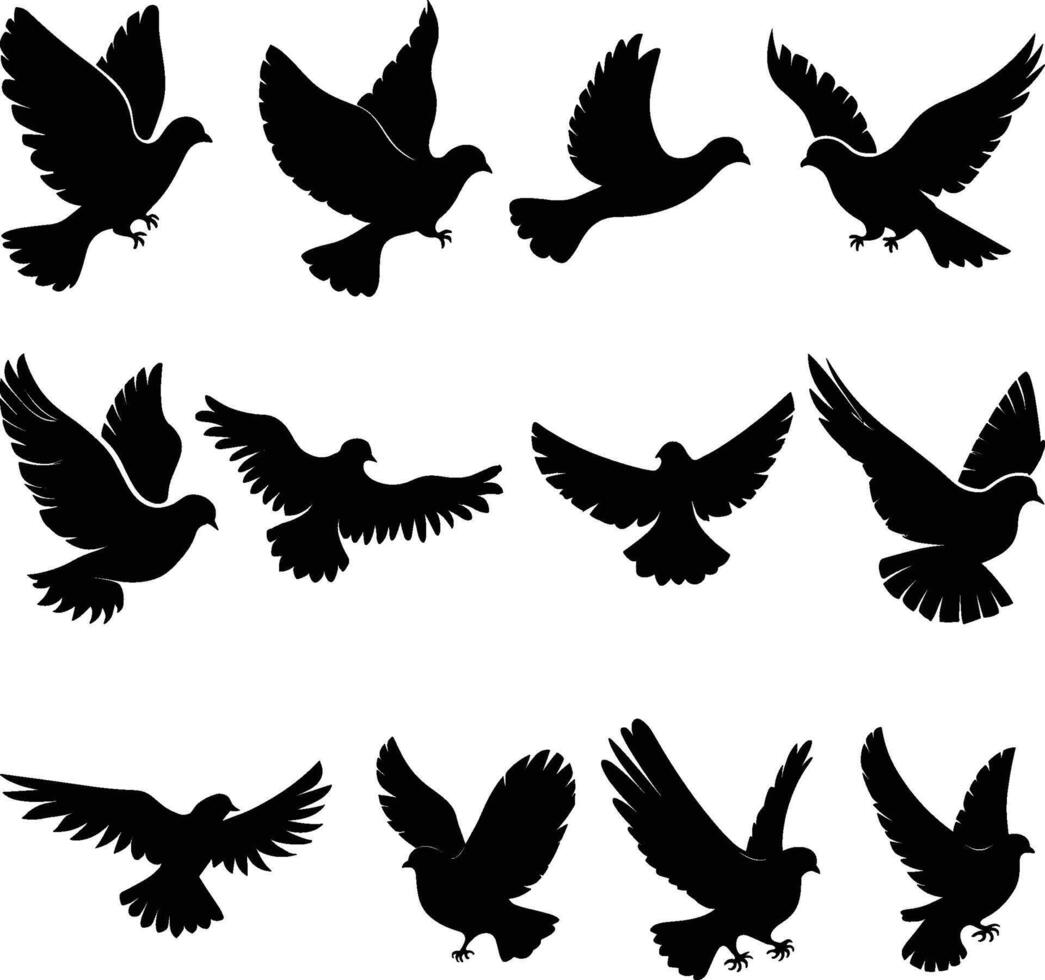 Flying dove silhouettes isolated. pigeons set love and peace symbols vector