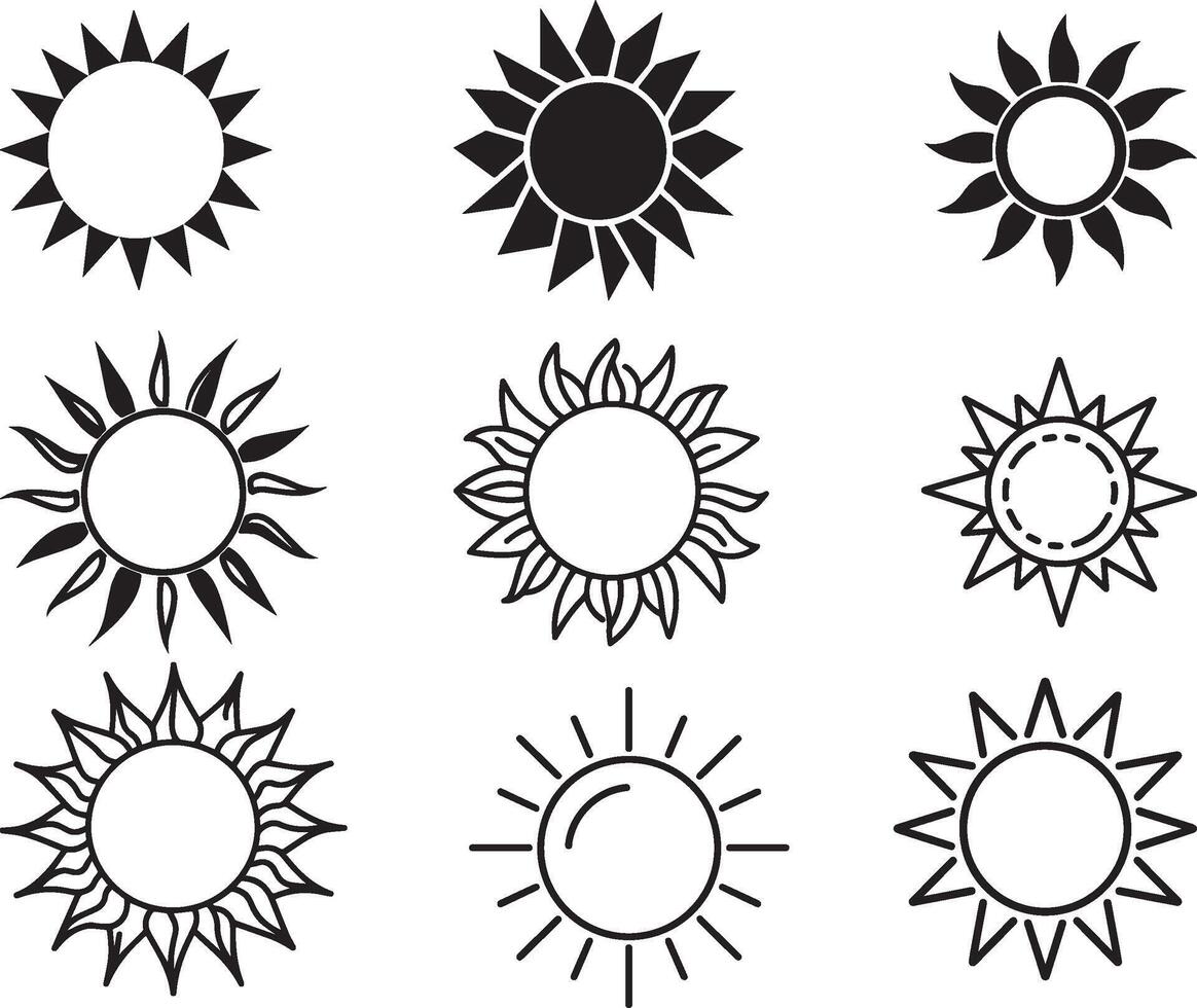 Black and white sun set of icon, vector on isolated white background