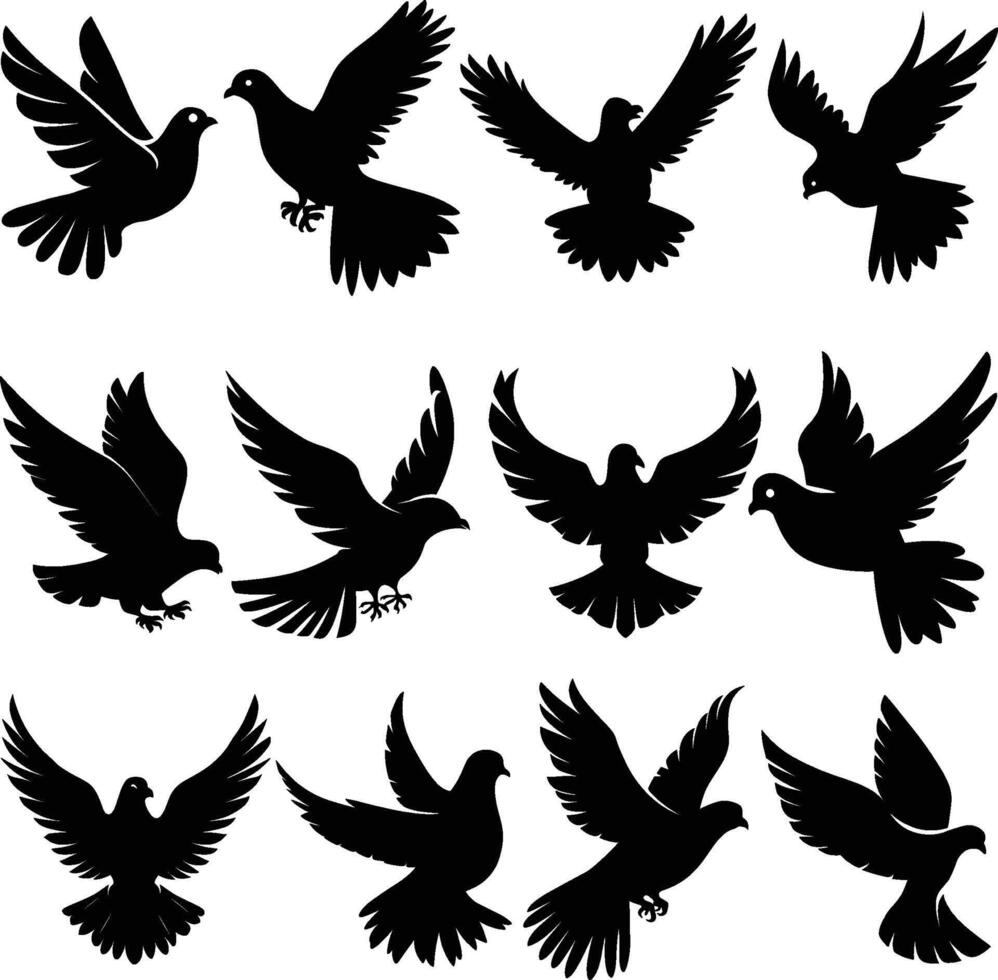 Flying dove silhouettes isolated. pigeons set love and peace symbols vector