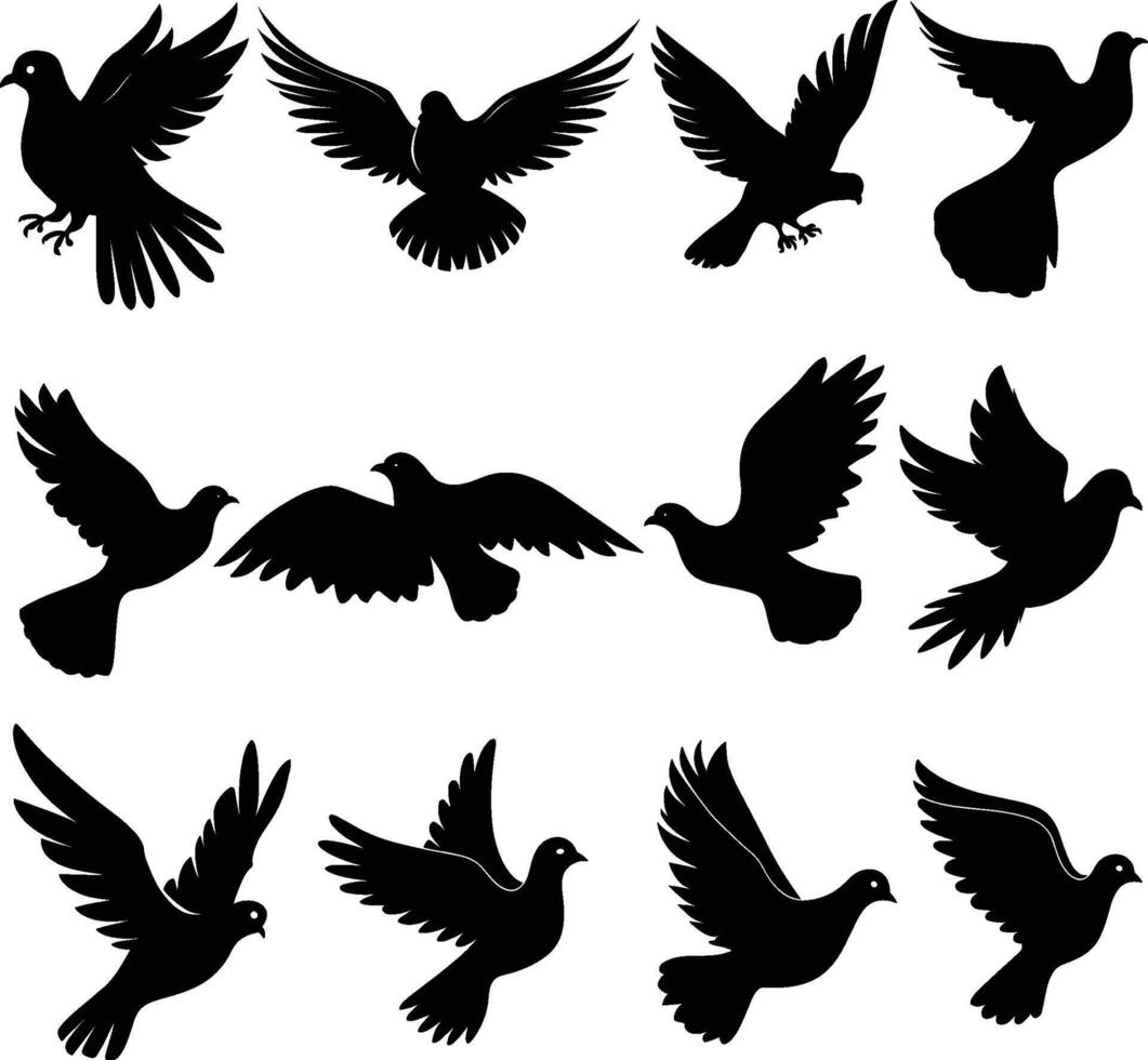 Flying dove silhouettes isolated. pigeons set love and peace symbols vector