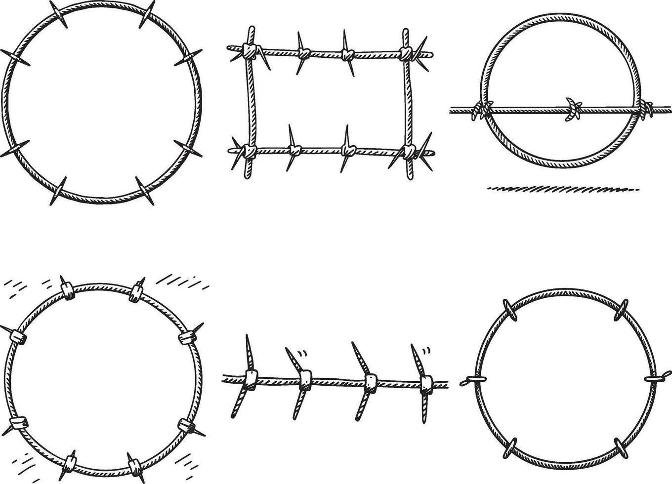 Set of barbed wire frames. Hand drawn vector, illustration in sketch style. Design element for military, security, prison, slavery concepts vector