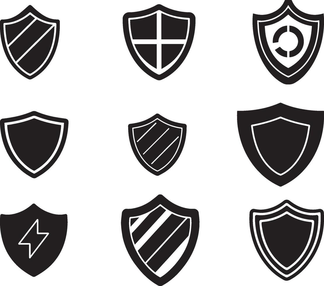 Set of Black Shield Icon in isolated on white background. Shield symbol vector