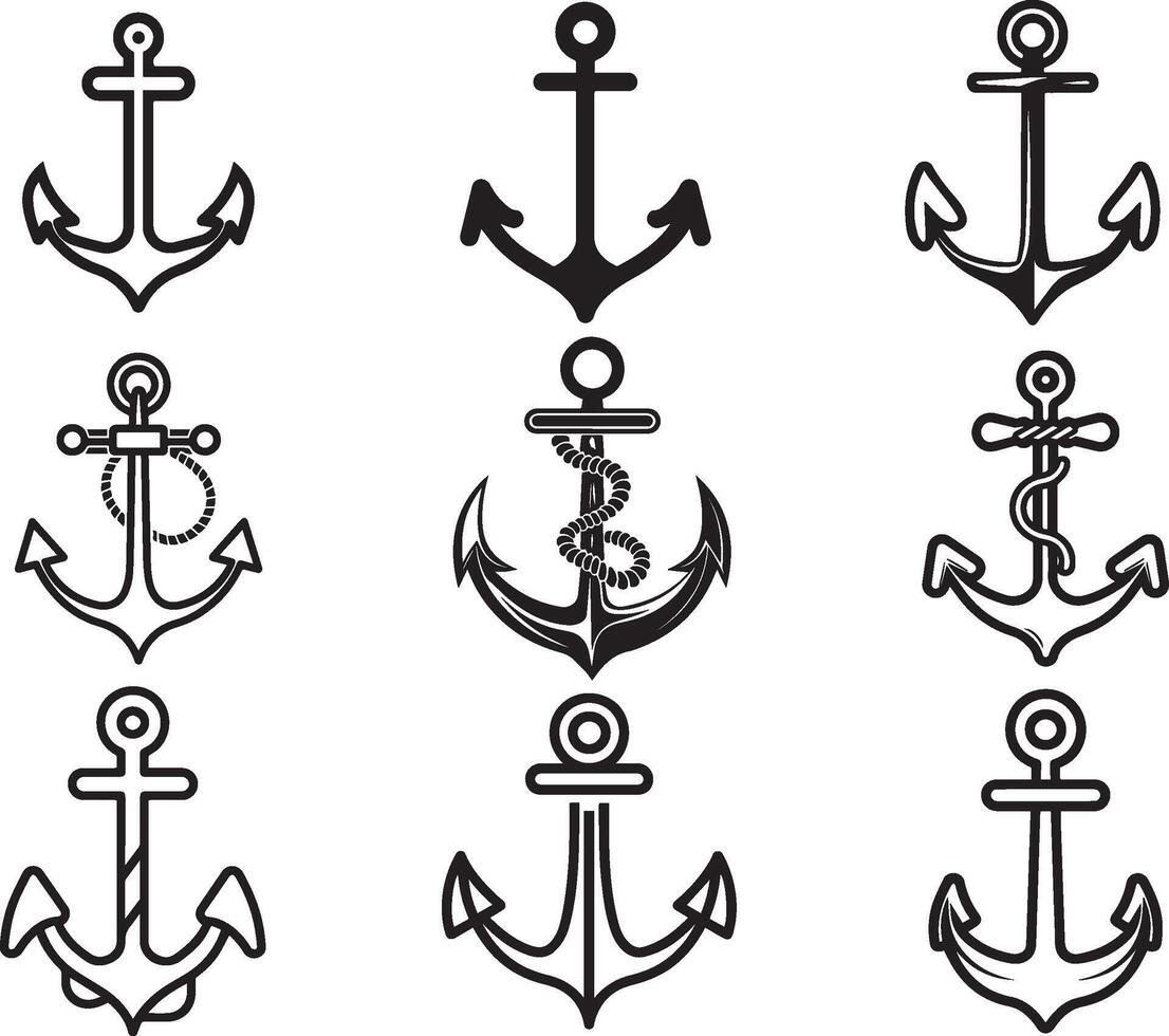 Black and white set of Anchor icon, vector. isolated on white Background vector