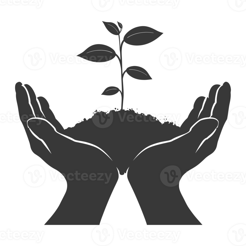 AI generated Silhouette Two Hand holding soil with growing sprout black color only png