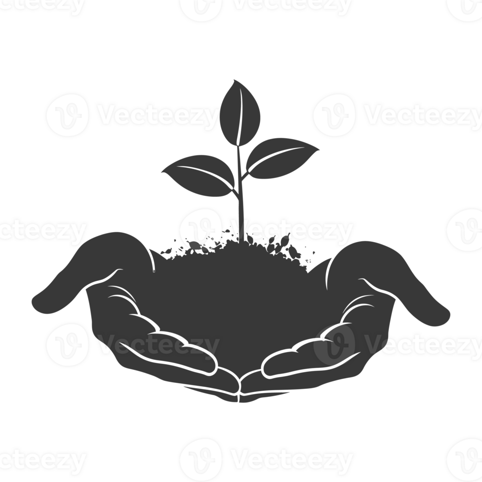 AI generated Silhouette Two Hand holding soil with growing sprout black color only png