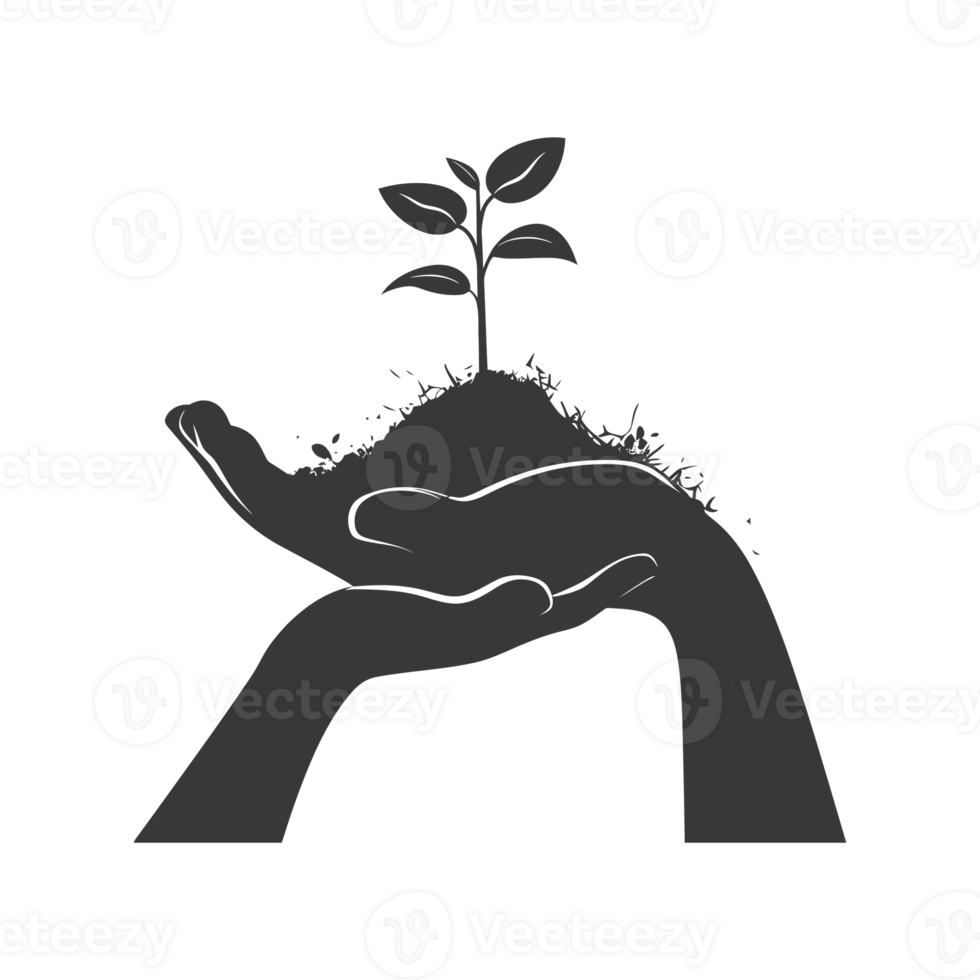 AI generated Silhouette Two Hand holding soil with growing sprout black color only png