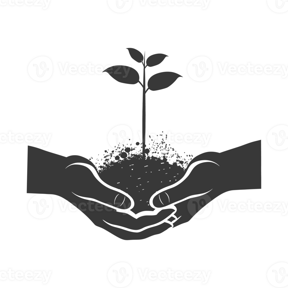 AI generated Silhouette Two Hand holding soil with growing sprout black color only png