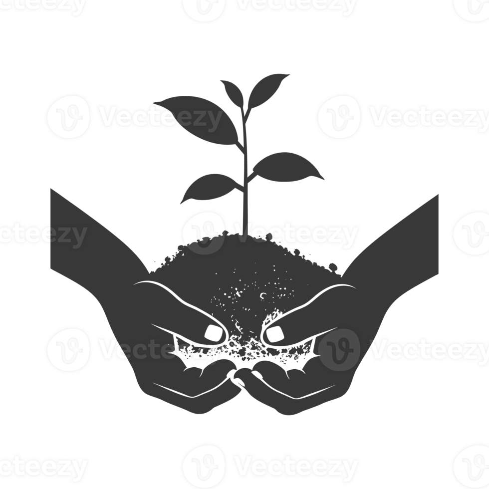 AI generated Silhouette Two Hand holding soil with growing sprout black color only png