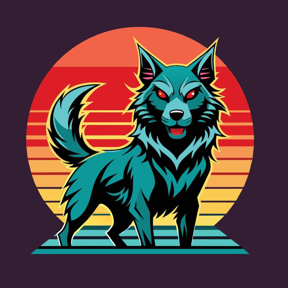 Wolf head on a background of the rising sun. Vector illustration.