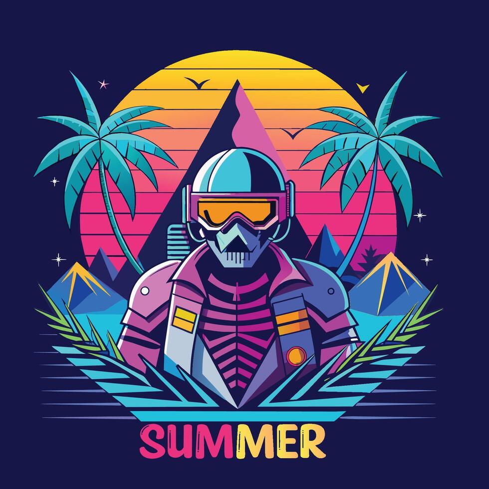 Vector illustration of space explorer with helmet, sun and palm trees. summer t shirt