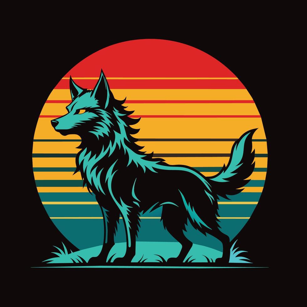 lobo y puesta de sol en el antecedentes. vector ilustración para tu diseño.