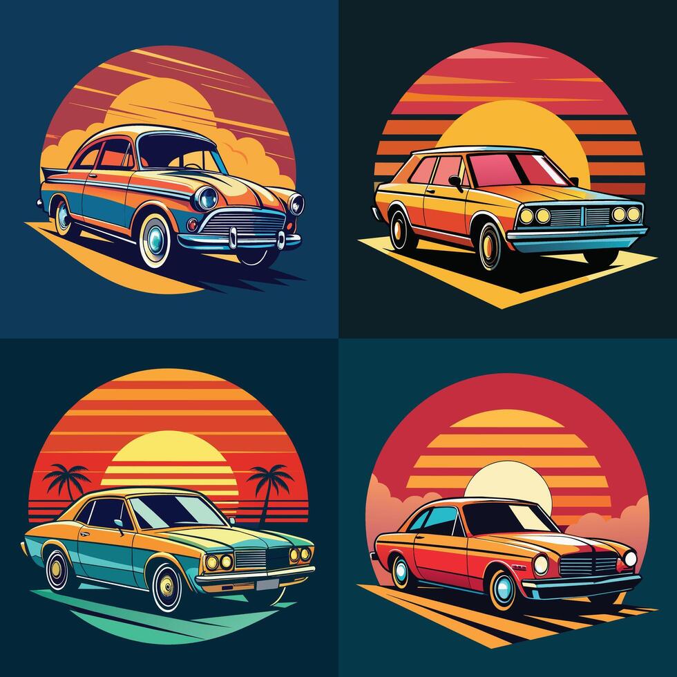 conjunto de retro carros con puesta de sol en el antecedentes. vector ilustración.