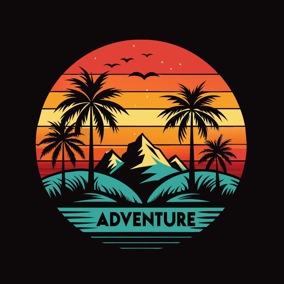 Tropical island with palm trees and sunset. Vector illustration. adventure t shirt design