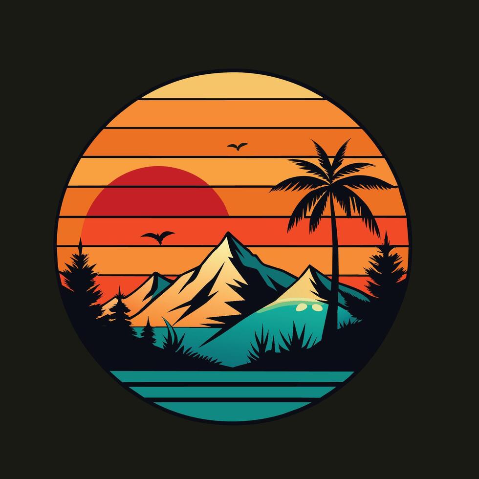 Tropical landscape with palm trees, mountains and sunset. Vector illustration. t shirt design