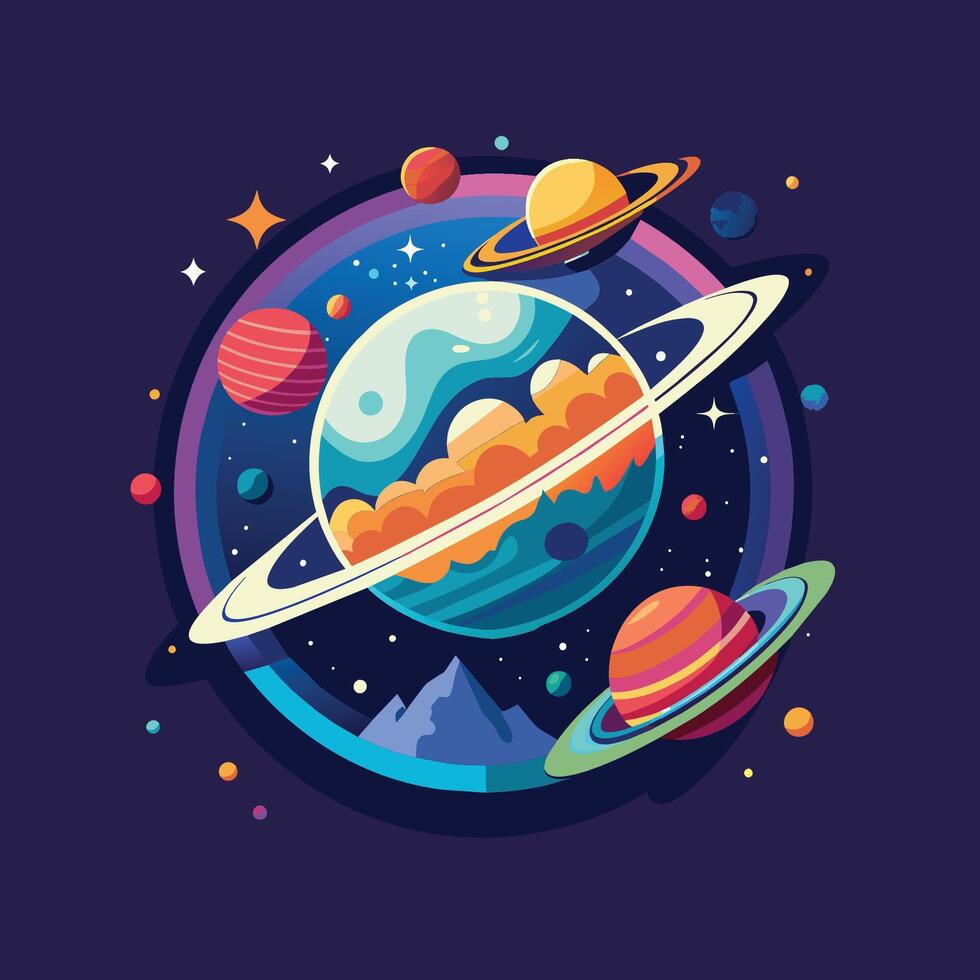 Cartoon planet in space with stars and planets. Vector illustration.