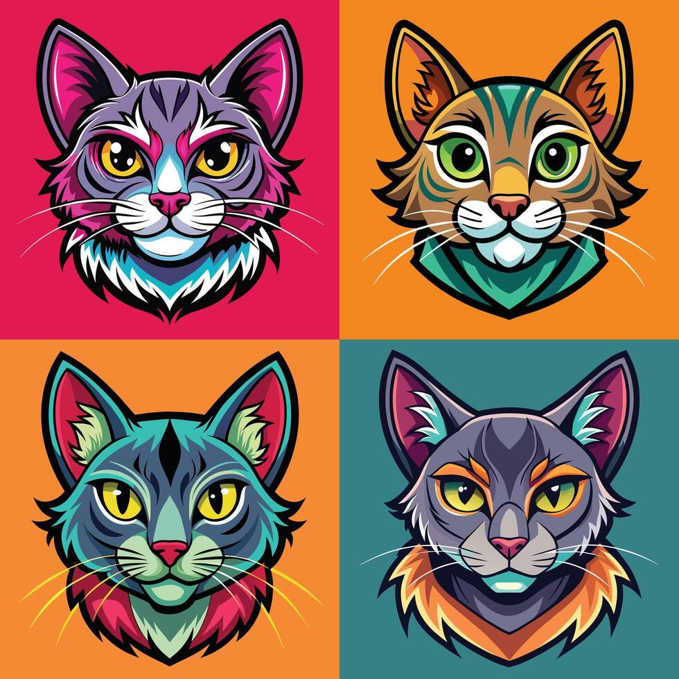 Set of colorful cats heads with different facial expressions. Vector illustration.