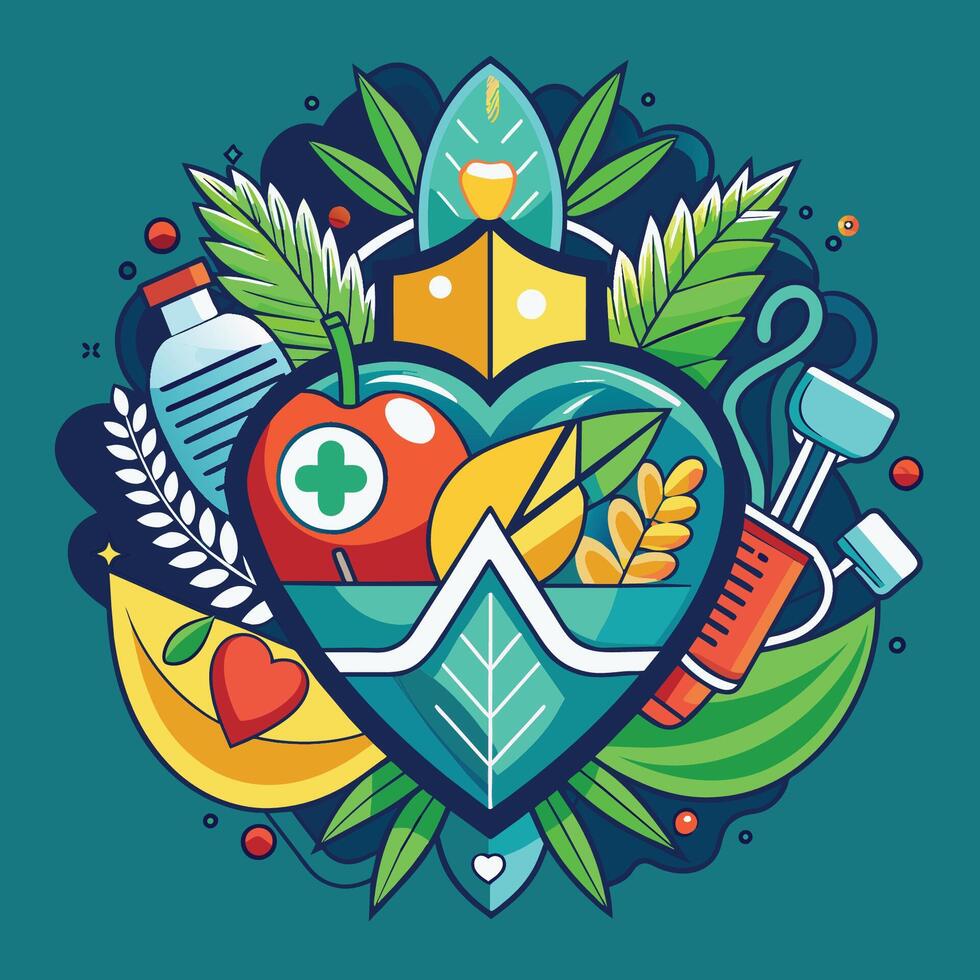 Healthy lifestyle concept with heart, health care icons. Vector illustration