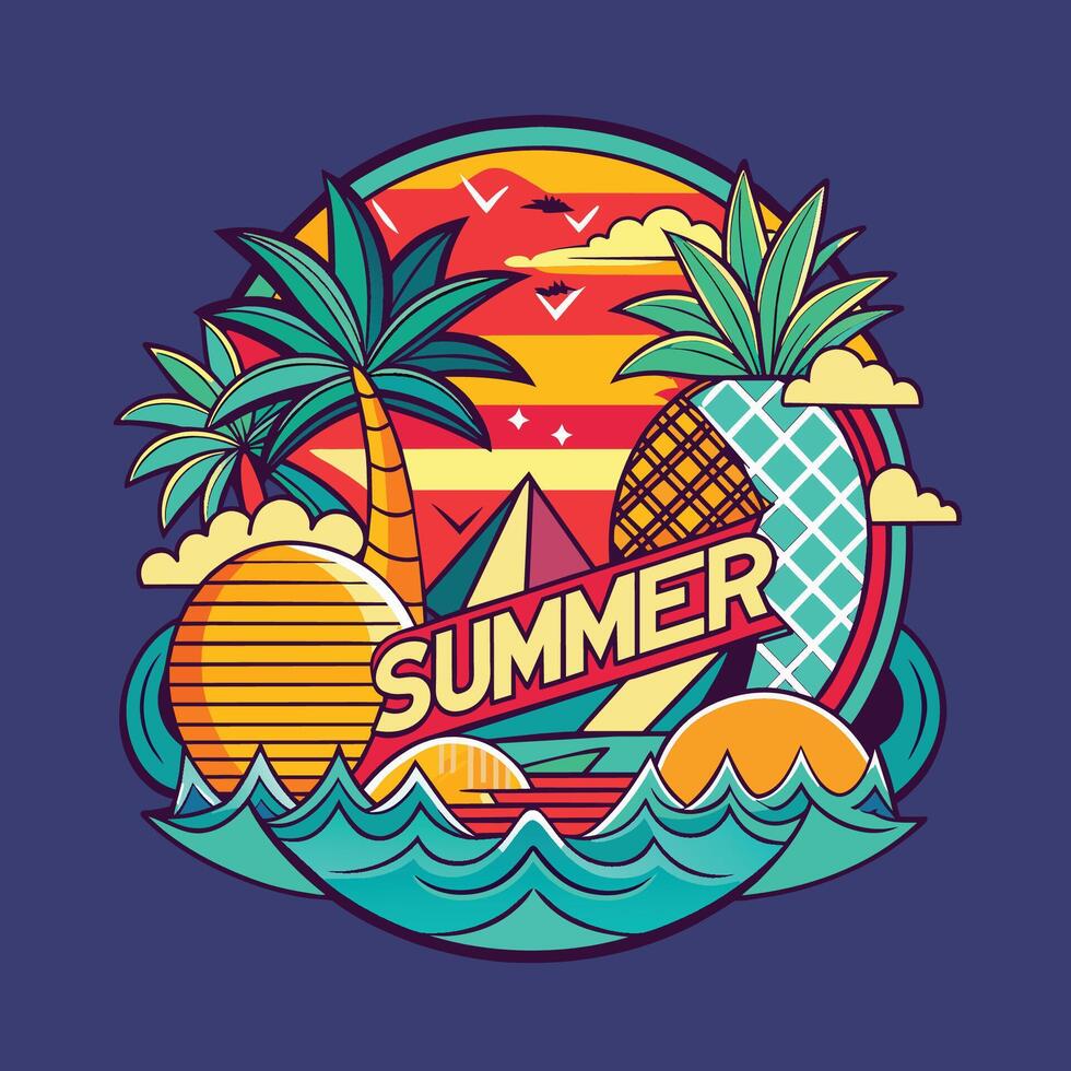 verano letras con palma árboles, sol, olas y isla. vector ilustración.