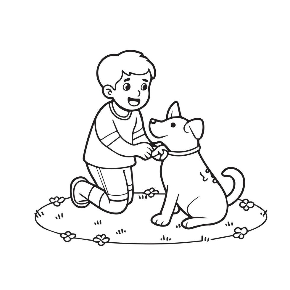 vector ilustración de un chico jugando con su perro. colorante libro para niños.