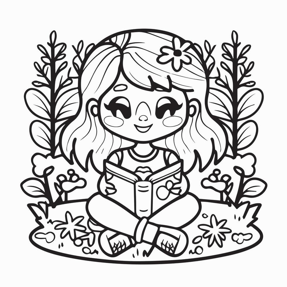 Coloring book for children girl reading a book in the garden vector
