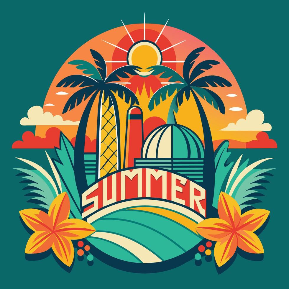 Tropical island with palm trees and sun. Vector illustration.