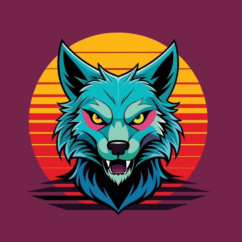 lobo cabeza mascota. vector ilustración de un lobo cabeza mascota en puesta de sol antecedentes.