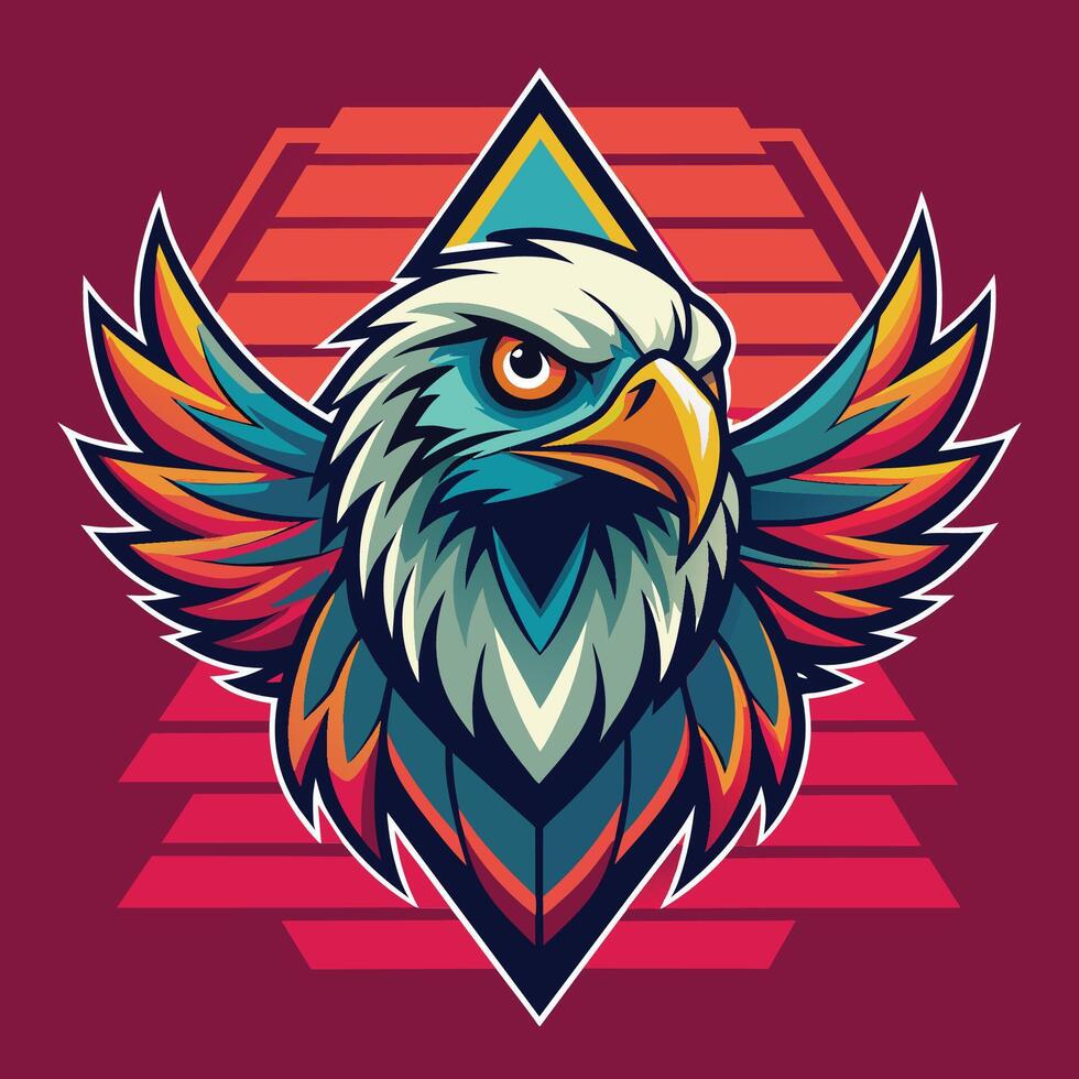 Eagle head mascot with wings on colorful background. Vector illustration.