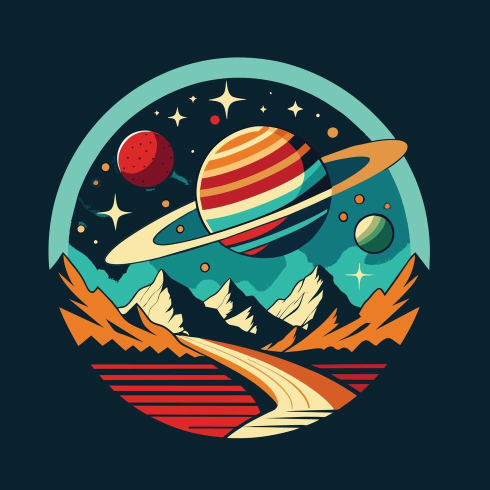 Planets in space. Vector illustration, flat design, vintage style. Astronomy t shirt design