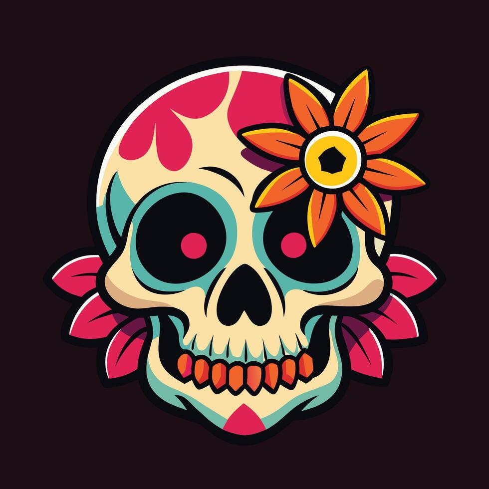 Mexican skull with flower on dark background. Vector cartoon illustration.