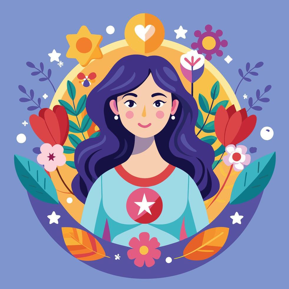 mujer con flores y íconos dibujos animados vector ilustración. De las mujeres día