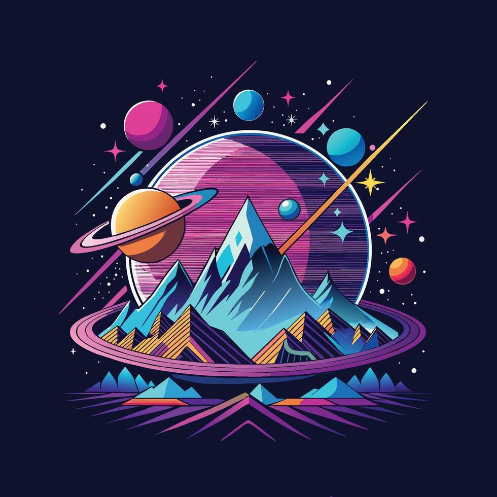 Vector illustration of cartoon style mountain landscape with sun, planets and stars.