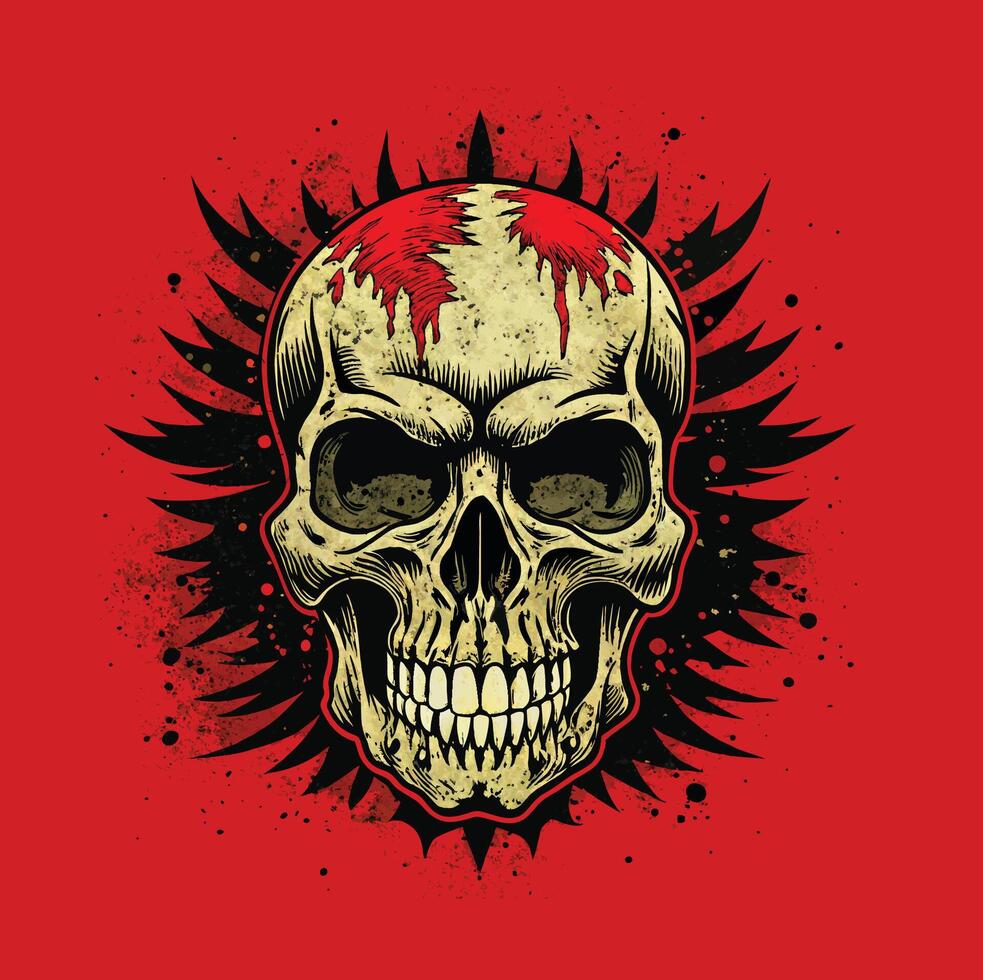 Grunge skull with blood splatter on red background. Vector illustration.